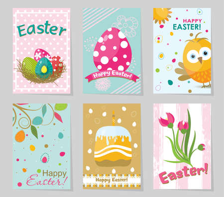 Set of colored Easter greeting cards. Design template creative cards, posters, label, banner, invitations, planner, gift tags, diary, notes. Vector illustrationのイラスト素材