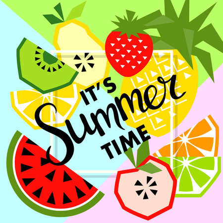 Summer banner with fruit, place for text. Trendy seasonal vector background, brochure template.のイラスト素材