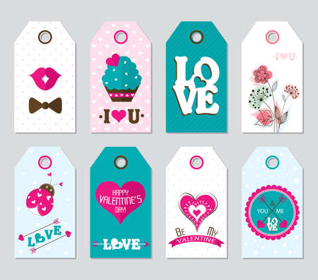 Set colored Valentine's Day printable tags collection. Vector templates with lettering.Design set creative cards, posters, label, banner.のイラスト素材