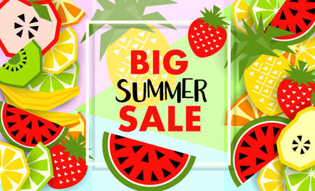 Summer banner with fruit, place for text. Trendy seasonal vector background, brochure template.のイラスト素材