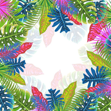 Tropical summer pattern with leaves (coconut palm, monstera, fan palm, banana), floral background print, vector illustrationのイラスト素材