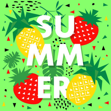 Summer banner with pineapple, strawberry, place for text. Trendy seasonal vector background,...
