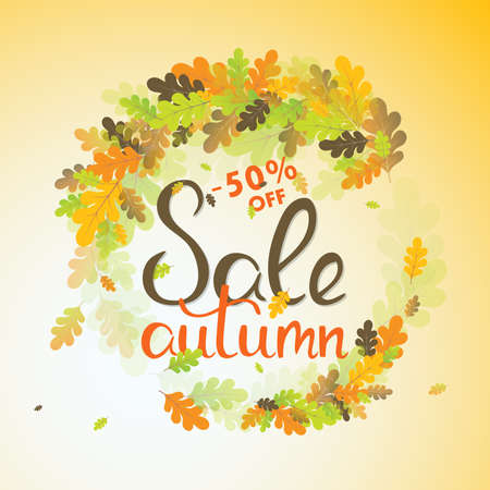 Sales banner with multicolor autumn leaves. Vector discount offer, fall poster background. Layout for discount labels and shopping.のイラスト素材