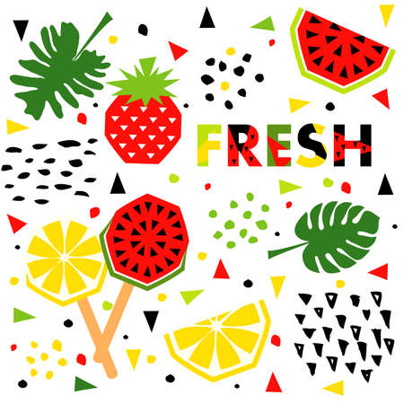 Summer banner with watermelon and lemon, strawberry,  place for text. Trendy seasonal vector background, seamless pattern, brochure template.のイラスト素材