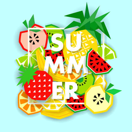 Summer banner with fruit, place for text. Trendy seasonal vector background, brochure template.のイラスト素材