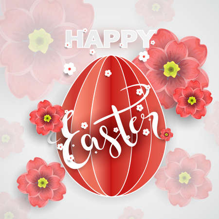 Easter day greeting card, poster, invitation design with blossoms flowers and paper egg, vector illustrationのイラスト素材