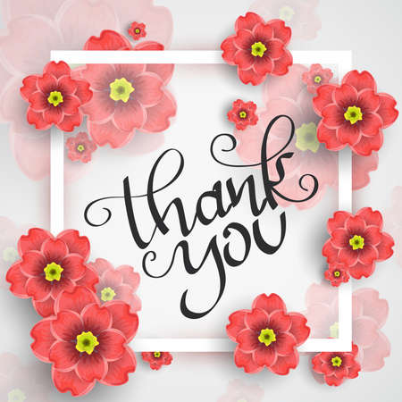 Colorful greeting card,  poster, invitation design with blossoms flowers and text thank you, vector illustrationのイラスト素材