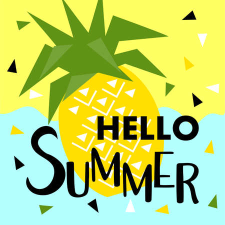 Summer banner with fruit, place for text with pineapple. Trendy seasonal vector background, brochure...