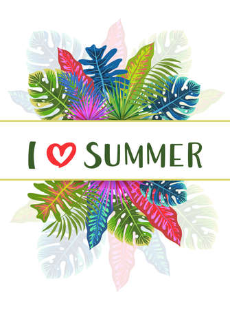 Tropical summer pattern with leaves (coconut palm, monstera, fan palm, banana), floral background print, vector illustrationのイラスト素材