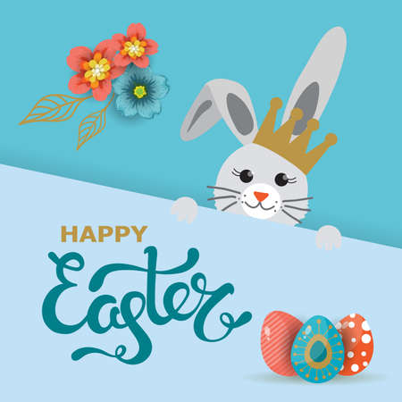 Easter day greeting card, poster, invitation design with blossoms flowers and rabbit, bunny, vector illustrationのイラスト素材