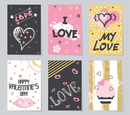 Cards with a pink, black, white, colored Valentine's day. Vector templates with lettering. Gold tribal style for Valentines day, wedding. Design set creative cards, posters, label, banner.のイラスト素材