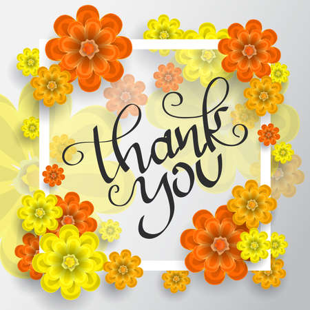 Colorful greeting card,  poster, invitation design with blossoms flowers and text thank you, vector illustrationのイラスト素材