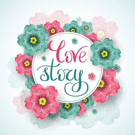 Love story template for banner or poster. Holiday lettering, greeting card with heart for Valentine's day, wedding vector illustration.のイラスト素材