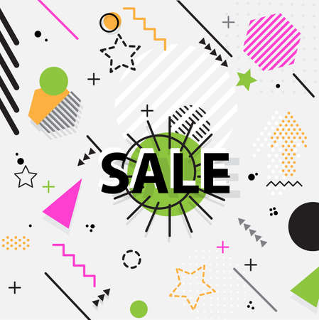 Trendy Memphis style geometric pattern with bright geometric leaves foliage, vector illustration with line elements and abstract geometric figures. Design backgrounds for wallpaper, cards, invitation, brochure, and promotion template Memphis fashion 80's-90's.のイラスト素材