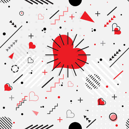 Trendy seamless, Memphis style Valentines geometric pattern, vector illustration with line elements and abstract geometric figures. Design backgrounds for invitation, brochure, and promotion template Memphis fashion 80's-90's.のイラスト素材