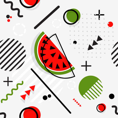 Trendy seamless, Memphis style watermelon geometric pattern, vector illustration with line elements and  geometric figures. Design backgrounds for invitation, brochure and promotion template Memphis fashion 80's-90's.のイラスト素材