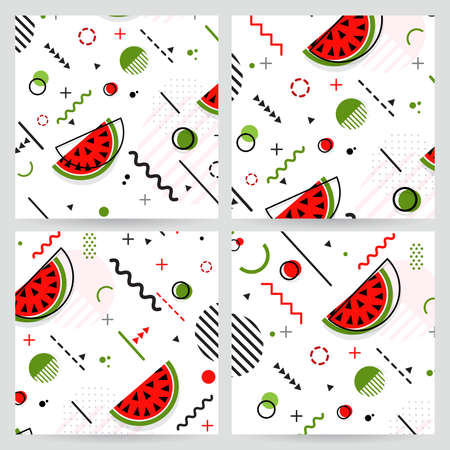 Trendy Memphis style watermelon geometric pattern, vector illustration with line elements and geometric figures.のイラスト素材