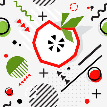 Trendy seamless, Memphis style apple geometric pattern, vector illustration with line elements and  geometric figures. Design backgrounds for invitation, brochure template Memphis fashionのイラスト素材