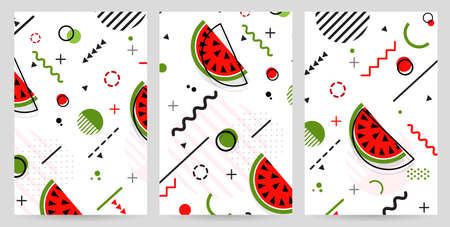 Trendy Memphis style watermelon geometric pattern, vector illustration with line elements and  geometric figures. Design backgrounds for invitation, brochure and promotion template Memphis fashion 80's-90's.のイラスト素材