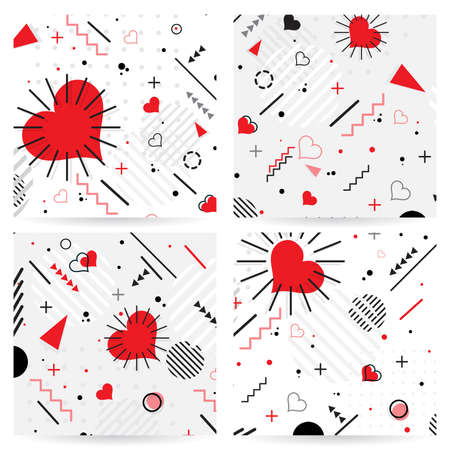 Trendy  Memphis style Valentines geometric pattern, vector illustration with line elements and abstract geometric figures. Design backgrounds for invitation, brochure, and promotion template Memphis fashion 80's-90's.のイラスト素材