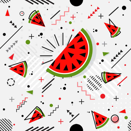 Trendy seamless, Memphis style watermelon geometric pattern, vector illustration with line elements and  geometric figures. Design backgrounds for brochure and promotion template Memphis fashionのイラスト素材
