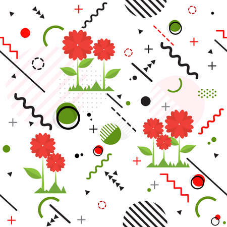 Trendy seamless, Memphis style geometric pattern with flower, vector illustration with line elements and abstract geometric figures. Design backgrounds for brochure and promotion template Memphis fashionのイラスト素材