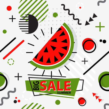 Trendy seamless, Memphis style watermelon geometric pattern, vector illustration with line elements and geometric figures.のイラスト素材