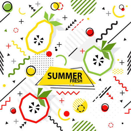 Trendy seamless, Memphis style apple, pear geometric pattern, vector illustration with line elements and geometric figures.のイラスト素材