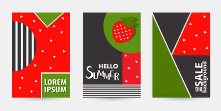 Trendy strawberry pattern covers set. Design floral backgrounds for booklet, cards, invitation, brochure and promotion. Vector illustrationのイラスト素材