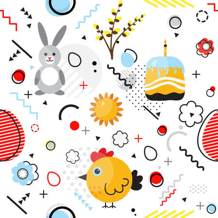 Trendy seamless, Memphis style Easter geometric pattern, vector illustration with line elements and  geometric figures. Design backgrounds for invitation, brochure template Memphis fashionのイラスト素材
