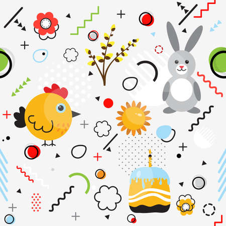 Trendy seamless, Memphis style Easter geometric pattern, vector illustration with line elements and  geometric figures. Design backgrounds for invitation, brochure template Memphis fashionのイラスト素材