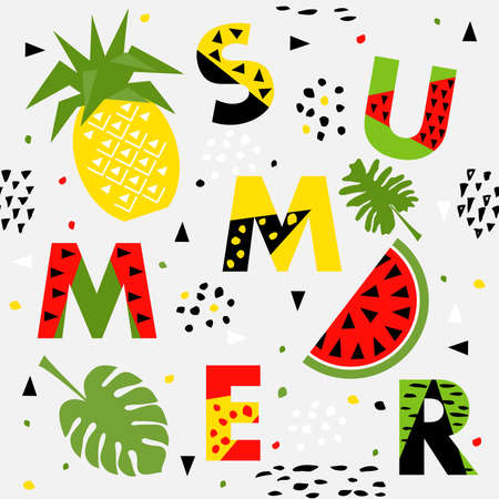 Trendy seamless, Memphis style watermelon and pineapple geometric pattern, vector illustration with...