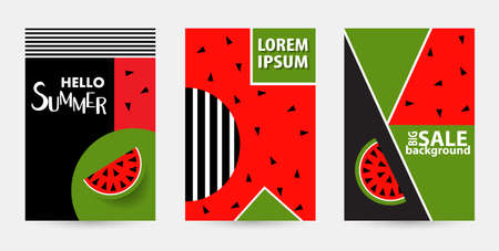 Trendy Memphis style watermelon geometric pattern, vector illustration with line elements and ...