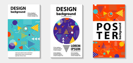 Trendy memphis style template covers design. Vector illustration with line elements and abstract geometric figures.  Design backgrounds for brochure and promotion template.のイラスト素材