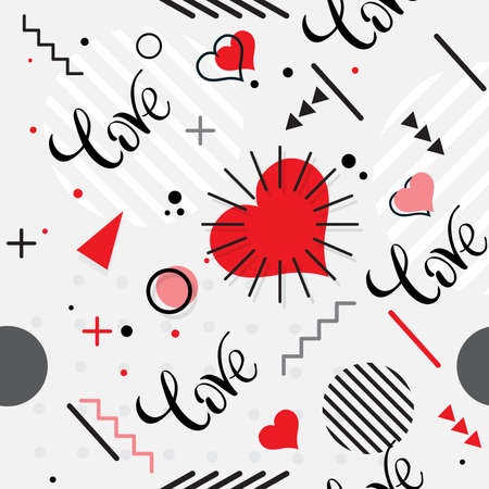 Trendy seamless, Memphis style Valentines geometric pattern, vector illustration with line elements and abstract geometric figures. Design backgrounds for invitation, brochure, and promotion template Memphis fashionのイラスト素材