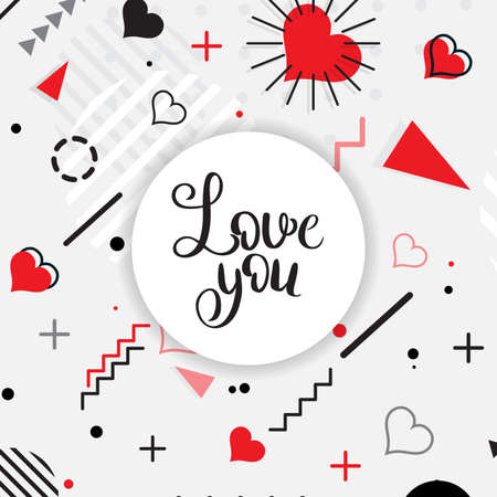 Trendy Memphis style Valentines geometric pattern, vector illustration with line elements and abstract geometric figures. Design backgrounds for invitation, brochure, and promotion template Memphis fashion 80's-90's.のイラスト素材