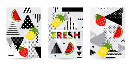 Trendy fruit (watermelon, pineapple) pattern covers set. Design floral backgrounds for booklet, cards, invitation, brochure and promotion. Vector illustrationのイラスト素材