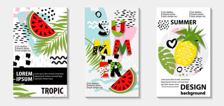Trendy tropic and  fruit (watermelon, pineapple) pattern covers set. Design floral backgrounds for...