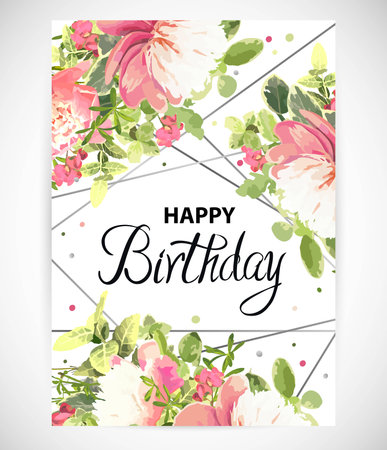 Floral template greeting card, garden flower pink peonies, green leaves, silver decor. Trendy decorative layout. Vector illustrationのイラスト素材