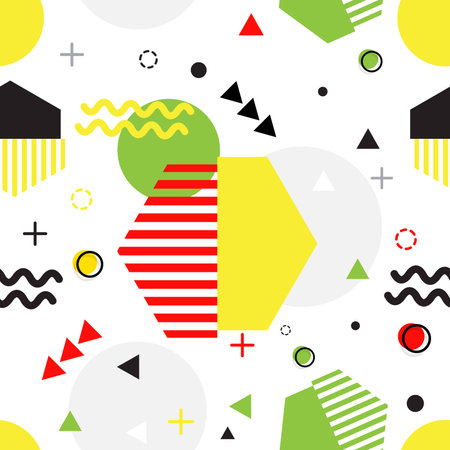 Trendy seamless Memphis style geometric pattern with bright geometric leaves foliage, vector illustration with line elements and abstract geometric figures. Design backgrounds for wallpaperのイラスト素材
