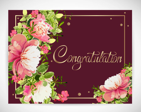 Floral template greeting card, garden flower pink peonies, green leaves, gold decor. Trendy decorative layout. Vector illustrationのイラスト素材
