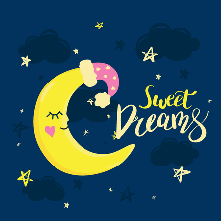 Vector template night cards with cute cartoon characters and phrases with lettering. Design card for baby shower, nursery poster, kids and baby t-shirt and cards, posters, banner.のイラスト素材
