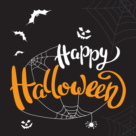 Happy Halloween template for banner or poster. Halloween holiday lettering  with spider and web. Vector illustrationのイラスト素材