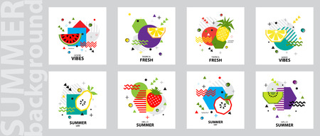 Trendy Tropic  background with fruit (Kiwi,  pineapple, orange, apple, watermelon, lemon, strawberry, pear ). Design background for booklet, cards, invitation, brochure and promotion. Vector illustrationのイラスト素材