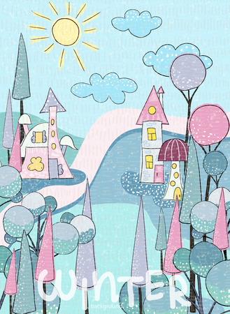 Winter fabulous rustic nature landscape background. Design  Christmas nature pattern for booklet, cards, invitation, brochure and promotion. Natural  dreamy rustic background, vector illustrationのイラスト素材