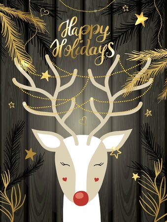 Template Christmas greeting card with a deer and floral. Christmas winter vector illustration for the design of cards, packaging, poster, clothingのイラスト素材