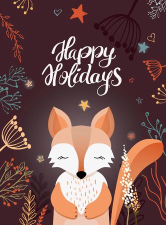 Template Christmas greeting card with a fox and floral. Christmas winter vector illustration for the design of cards, packaging, poster, clothingのイラスト素材