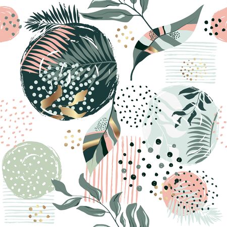 Seamless exotic pattern with tropical plants and gold glitter elements. Vector hand draw tropical leaves  background  for paper, cover, fabric, interior decor.のイラスト素材