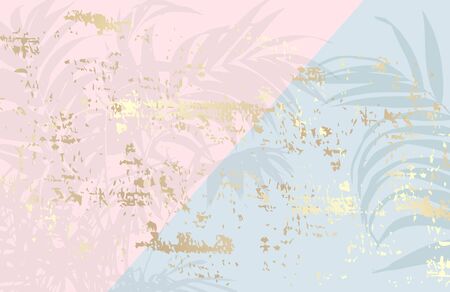 Vector art illustration in pastel gold rose pink blu color. Hand drawn tropical leaves summer background.のイラスト素材
