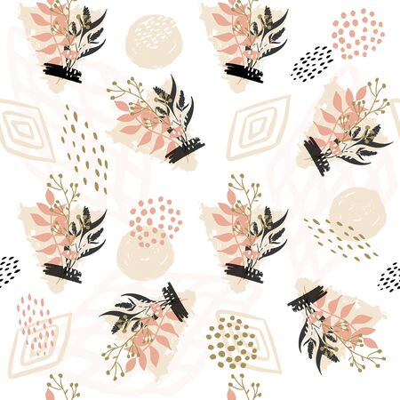 Seamless exotic pattern with plant elements. Vector hand draw leaves  background  for paper, cover, fabric, interior decor.のイラスト素材